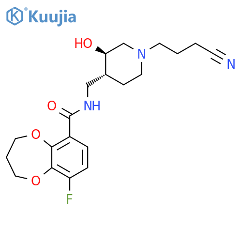 2H-1,5-Benzodioxepin-6-carboxamide, N-[[(3R,4R)-1-(3-cyanopropyl)-3-hydroxy-4-piperidinyl]methyl]-9-fluoro-3,4-dihydro-, rel- structure