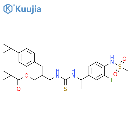 Propanoic acid, 2,2-dimethyl-, 2-[[4-(1,1-dimethylethyl)phenyl]methyl]-3-[[[[1-[3-fluoro-4-[(methylsulfonyl)amino]phenyl]ethyl]amino]thioxomethyl]amino]propyl ester structure