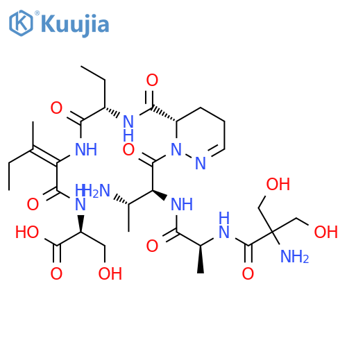 N-[(E)-2-[[[(6S)-1-[(3S)-N-(2-Hydroxymethyl Ser-L-Ala-)-3-amino-L-Abu-]-1,4,5,6-tetrahydropyridazin-6-yl]carbonyl-L-Abu-]amino]-3-methyl-2-pentenoyl]-L-Ser-OH structure