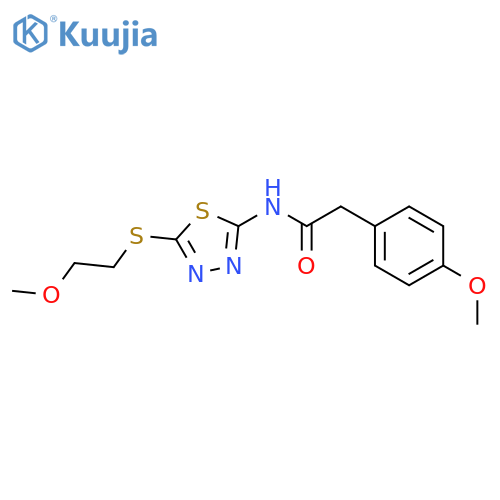 <br>N-{5-[(2-methoxyethyl)sulfanyl]-1,3,4-thiadiazol-2-yl}-2-(4-methoxyphenyl)a cetamide structure