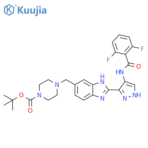 1-Piperazinecarboxylic acid, 4-[[2-[4-[(2,6-difluorobenzoyl)amino]-1H-pyrazol-3-yl]-1H-benzimidazol-6-yl]methyl]-, 1,1-dimethylethyl ester structure