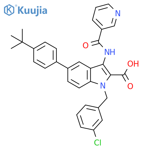 1H-Indole-2-carboxylic acid, 1-[(3-chlorophenyl)methyl]-5-[4-(1,1-dimethylethyl)phenyl]-3-[(3-pyridinylcarbonyl)amino]- structure