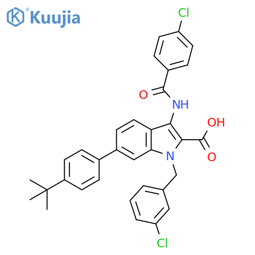 1H-Indole-2-carboxylic acid, 3-[(4-chlorobenzoyl)amino]-1-[(3-chlorophenyl)methyl]-6-[4-(1,1-dimethylethyl)phenyl]- structure