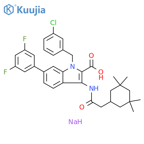 1H-Indole-2-carboxylic acid, 1-[(3-chlorophenyl)methyl]-6-(3,5-difluorophenyl)-3-[[2-(3,3,5,5-tetramethylcyclohexyl)acetyl]amino]-, sodium salt (1:1) structure