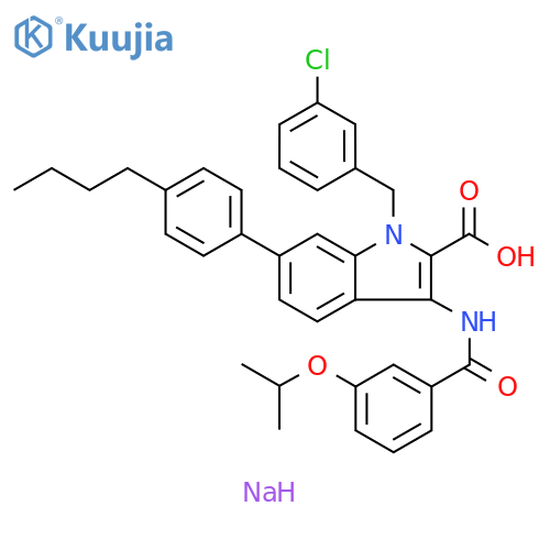 1H-Indole-2-carboxylic acid, 6-(4-butylphenyl)-1-[(3-chlorophenyl)methyl]-3-[[3-(1-methylethoxy)benzoyl]amino]-, sodium salt (1:1) structure