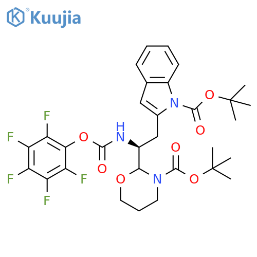 1H-Indole-1-carboxylic acid, 2-[(2S)-2-[3-[(1,1-dimethylethoxy)carbonyl]tetrahydro-2H-1,3-oxazin-2-yl]-2-[[(2,3,4,5,6-pentafluorophenoxy)carbonyl]amino]ethyl]-, 1,1-dimethylethyl ester structure