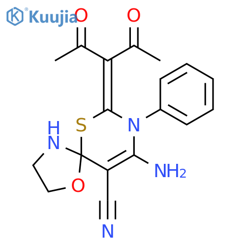 1-Oxa-6-thia-4,8-diazaspiro[4.5]dec-9-ene-10-carbonitrile, 7-(1-acetyl-2-oxopropylidene)-9-amino-8-phenyl- structure