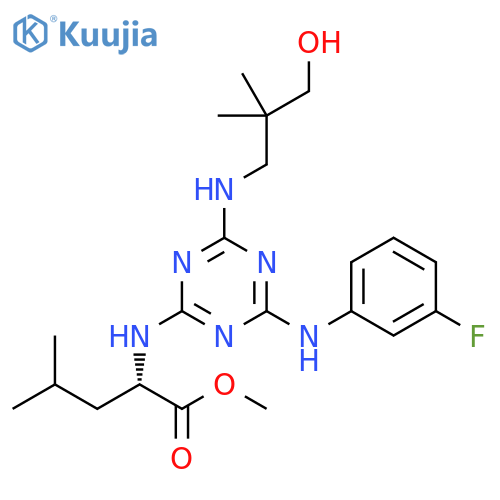L-Leucine, N-[4-[(3-fluorophenyl)amino]-6-[(3-hydroxy-2,2-dimethylpropyl)amino]-1,3,5-triazin-2-yl]-, methyl ester structure