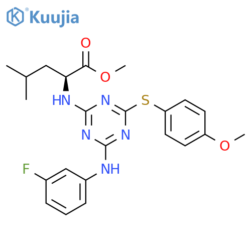 L-Leucine, N-[4-[(3-fluorophenyl)amino]-6-[(4-methoxyphenyl)thio]-1,3,5-triazin-2-yl]-, methyl ester structure