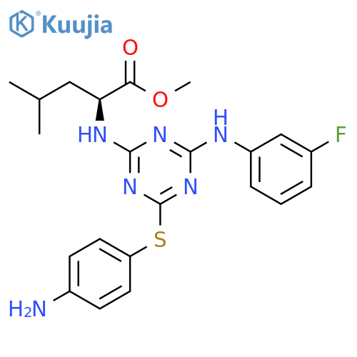 L-Leucine, N-[4-[(4-aminophenyl)thio]-6-[(3-fluorophenyl)amino]-1,3,5-triazin-2-yl]-, methyl ester structure