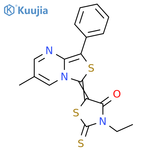 3-ethyl-5-(6Z)-3-methyl-8-phenyl-6H-1,3thiazolo3,4-apyrimidin-6-ylidene-2-sulfanylidene-1,3-thiazolidin-4-one structure