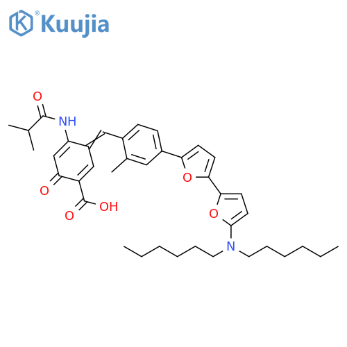 1,4-Cyclohexadiene-1-carboxylic acid, 3-[[4-[5'-(dihexylamino)[2,2'-bifuran]-5-yl]-2-methylphenyl]methylene]-4-[(2-methyl-1-oxopropyl)amino]-6-oxo- structure