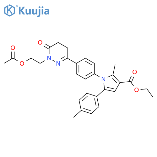 1H-Pyrrole-3-carboxylic acid, 1-[4-[1-[2-(acetyloxy)ethyl]-1,4,5,6-tetrahydro-6-oxo-3-pyridazinyl]phenyl]-2-methyl-5-(4-methylphenyl)-, ethyl ester structure