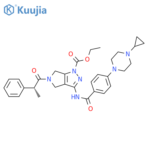 Pyrrolo[3,4-c]pyrazole-1(4H)-carboxylic acid, 3-[[4-(4-cyclopropyl-1-piperazinyl)benzoyl]amino]-5,6-dihydro-5-[(2R)-1-oxo-2-phenylpropyl]-, ethyl ester structure