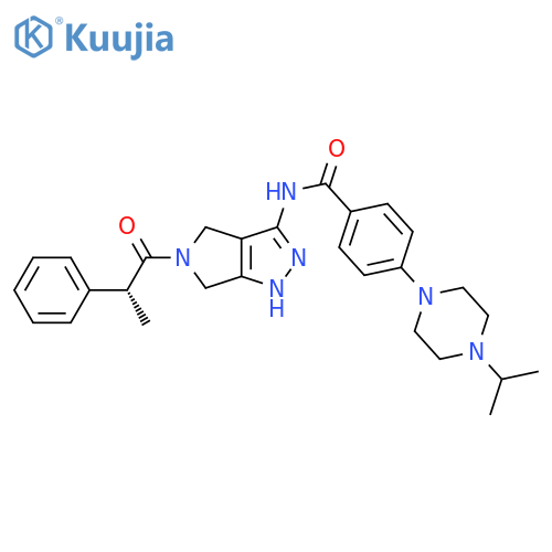 Benzamide, 4-[4-(1-methylethyl)-1-piperazinyl]-N-[1,4,5,6-tetrahydro-5-[(2R)-1-oxo-2-phenylpropyl]pyrrolo[3,4-c]pyrazol-3-yl]- structure