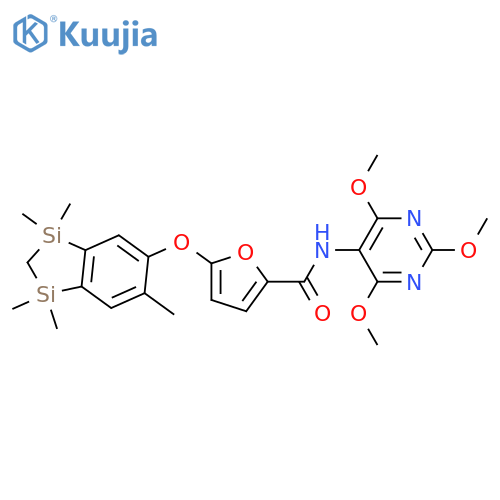 2-Furancarboxamide,5-[(2,3-dihydro-1,1,3,3,6-pentamethyl-1H-1,3-disilainden-5-yl)oxy]-N-(2,4,6-trimethoxy-5-pyrimidinyl)- structure