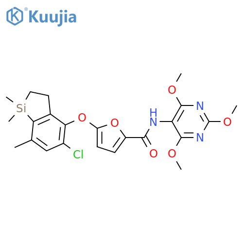 2-Furancarboxamide,5-[(5-chloro-2,3-dihydro-1,1,7-trimethyl-1H-1-silainden-4-yl)oxy]-N-(2,4,6-trimethoxy-5-pyrimidinyl)- structure