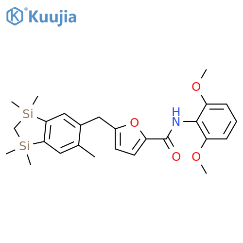 2-Furancarboxamide,5-[(2,3-dihydro-1,1,3,3,6-pentamethyl-1H-1,3-disilainden-5-yl)methyl]-N-(2,6-dimethoxyphenyl)- structure