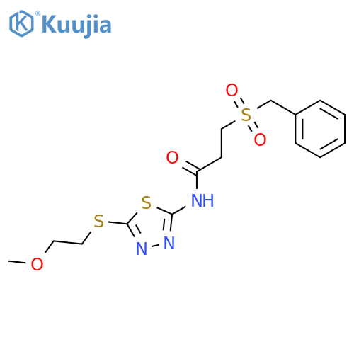 <br>3-(benzylsulfonyl)-N-{5-[(2-methoxyethyl)sulfanyl]-1,3,4-thiadiazol-2-yl}pr opanamide structure