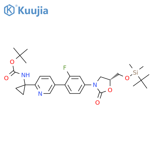 Carbamic acid,  [1-[5-[4-[(5R)-5-[[[(1,1-dimethylethyl)dimethylsilyl]oxy]methyl]-2-oxo-3-ox  azolidinyl]-2-fluorophenyl]-2-pyridinyl]cyclopropyl]-, 1,1-dimethylethyl  ester structure
