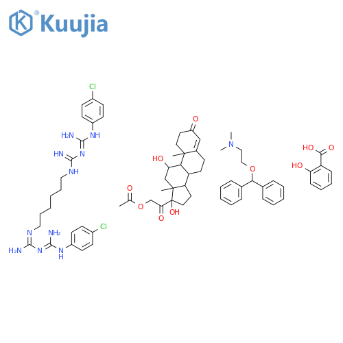 2-[N-[6-[[amino-[[amino-[(4-chlorophenyl)amino]methylidene]amino]methylidene]amino]hexyl]carbamimidoyl]-1-(4-chlorophenyl)guanidine; 2-benzhydryloxy-N,N-dimethyl-ethanamine; [2-[(8S,9S,10R,11S,13S,14S,17R)-11,17-dihydroxy-10,13-dimethyl-3-oxo-2,6,7,8,9,11,12,14,15,16-decahydro-1H-cyclopenta[a]phenanthren-17-yl]-2-oxo-ethyl] acetate; 2-hydroxybenzoic acid structure