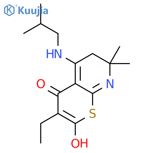 3-ethyl-2-hydroxy-7,7-dimethyl-5-[(2-methylpropyl)amino]-6,7-dihydro-4H-thiopyrano[2,3-b]pyridin-4-one structure