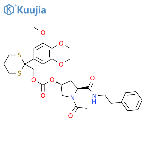 Carbonic acid, (3R,5S)-1-acetyl-5-[[(2-phenylethyl)amino]carbonyl]-3-pyrrolidinyl [2-(3,4,5-trimethoxyphenyl)-1,3-dithian-2-yl]methyl ester structure