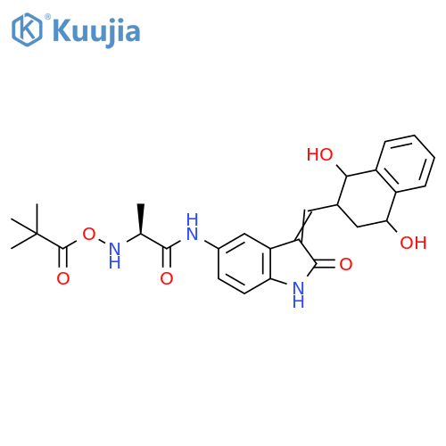 Propanoic acid, 2,2-dimethyl-, [(1S)-2-[[2,3-dihydro-2-oxo-3-[(1,2,3,4-tetrahydro-1,4-dihydroxy-2-naphthalenyl)methylene]-1H-indol-5-yl]amino]-1-methyl-2-oxoethyl]azanyl ester structure