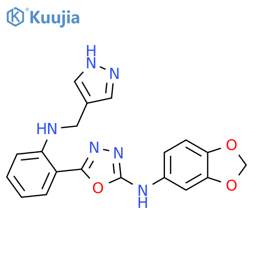 1,3,4-Oxadiazol-2-amine, N-1,3-benzodioxol-5-yl-5-[2-[(1H-pyrazol-4-ylmethyl)amino]phenyl]- structure