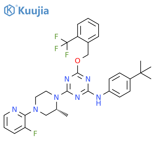 1,3,5-Triazin-2-amine, N-[4-(1,1-dimethylethyl)phenyl]-4-[(2R)-4-(3-fluoro-2-pyridinyl)-2-methyl-1-piperazinyl]-6-[[2-(trifluoromethyl)phenyl]methoxy]- structure