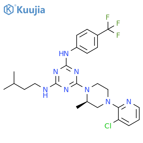 1,3,5-Triazine-2,4-diamine,6-[(2R)-4-(3-chloro-2-pyridinyl)-2-methyl-1-piperazinyl]-N-(3-methylbutyl)-N'-[4-(trifluoromethyl)phenyl]- structure