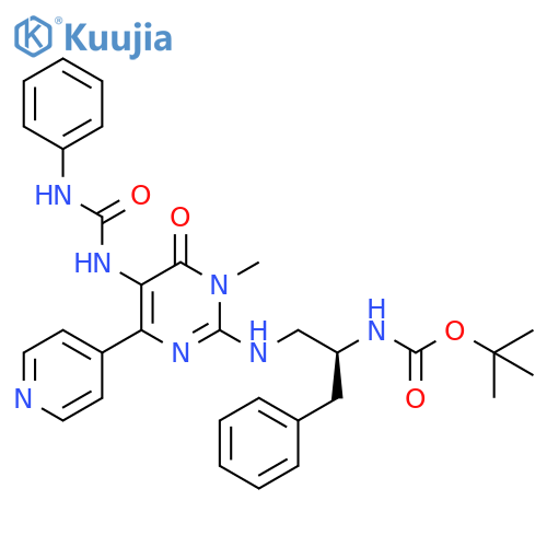 Carbamic acid, [(1S)-1-[[[1,6-dihydro-1-methyl-6-oxo-5-[[(phenylamino)carbonyl]amino]-4-(4-pyridinyl)-2-pyrimidinyl]amino]methyl]-2-phenylethyl]-, 1,1-dimethylethyl ester (9CI) structure