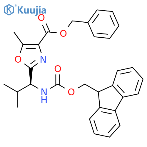 4-Oxazolecarboxylic acid, 2-[(1S)-1-[[(9H-fluoren-9-ylmethoxy)carbonyl]amino]-2-methylpropyl]-5-methyl-, phenylmethyl ester structure