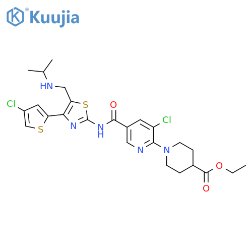 4-Piperidinecarboxylic acid,1-[3-chloro-5-[[[4-(4-chloro-2-thienyl)-5-[[(1-methylethyl)amino]methyl]-2-thiazolyl]amino]carbonyl]-2-pyridinyl]-, ethyl ester structure