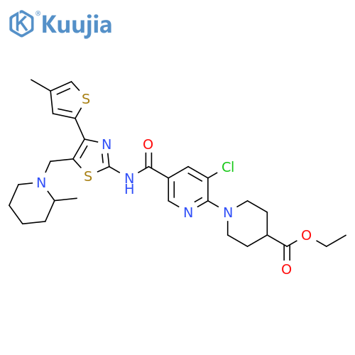 4-Piperidinecarboxylic acid, 1-[3-chloro-5-[[[5-[(2-methyl-1-piperidinyl)methyl]-4-(4-methyl-2-thienyl)-2-thiazolyl]amino]carbonyl]-2-pyridinyl]-, ethyl ester structure