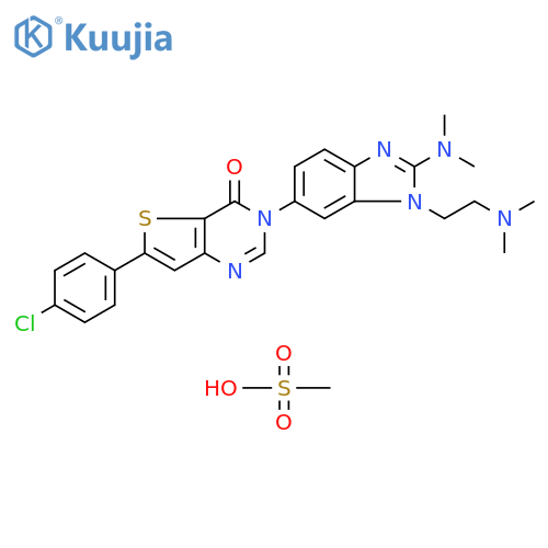 Thieno[3,2-d]pyrimidin-4(3H)-one, 6-(4-chlorophenyl)-3-[2-(dimethylamino)-1-[2-(dimethylamino)ethyl]-1H-benzimidazol-6-yl]-, methanesulfonate (1:1) structure