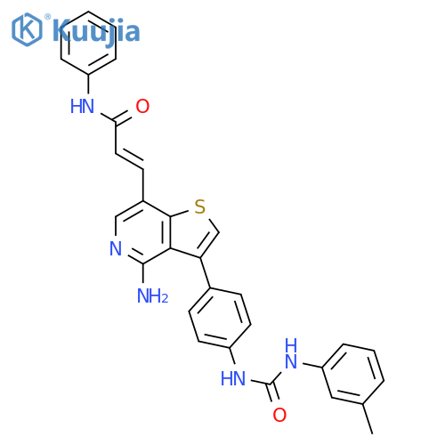 2-Propenamide,3-[4-amino-3-[4-[[[(3-methylphenyl)amino]carbonyl]amino]phenyl]thieno[3,2-c]pyridin-7-yl]-N-phenyl-, (2E)- structure