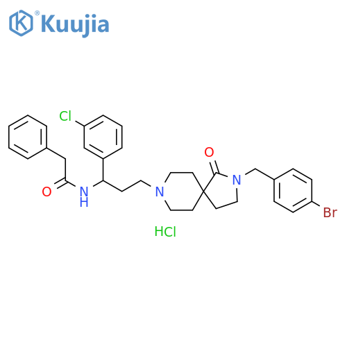 Benzeneacetamide,N-[3-[2-[(4-bromophenyl)methyl]-1-oxo-2,8-diazaspiro[4.5]dec-8-yl]-1-(3-chlorophenyl)propyl]-, monohydrochloride structure