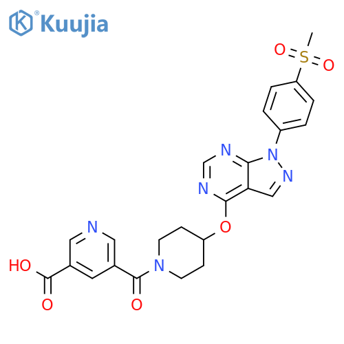 3-Pyridinecarboxylic acid, 5-[[4-[[1-[4-(methylsulfonyl)phenyl]-1H-pyrazolo[3,4-d]pyrimidin-4-yl]oxy]-1-piperidinyl]carbonyl]- structure