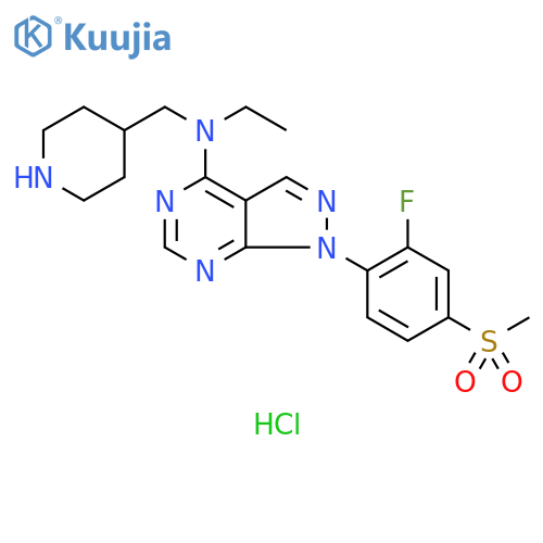 1H-Pyrazolo[3,4-d]pyrimidin-4-amine, N-ethyl-1-[2-fluoro-4-(methylsulfonyl)phenyl]-N-(4-piperidinylmethyl)-, hydrochloride (1:) structure
