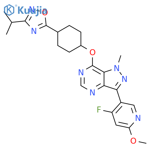 1H-Pyrazolo[4,3-d]pyrimidine, 3-(4-fluoro-6-methoxy-3-pyridinyl)-1-methyl-7-[[4-[3-(1-methylethyl)-1,2,4-oxadiazol-5-yl]cyclohexyl]oxy]- structure