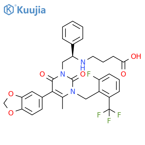 Butanoic acid, 4-[[(1R)-2-[5-(1,3-benzodioxol-5-yl)-3-[[2-fluoro-6-(trifluoromethyl)phenyl]methyl]-3,6-dihydro-4-methyl-2,6-dioxo-1(2H)-pyrimidinyl]-1-phenylethyl]amino]- structure