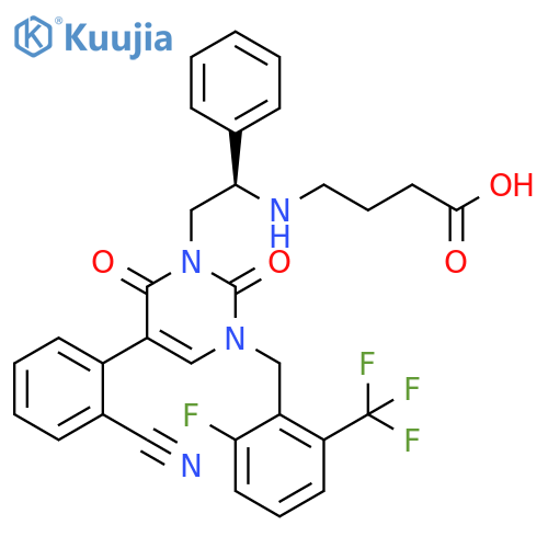 Butanoic acid, 4-[[(1R)-2-[5-(2-cyanophenyl)-3-[[2-fluoro-6-(trifluoromethyl)phenyl]methyl]-3,6-dihydro-2,6-dioxo-1(2H)-pyrimidinyl]-1-phenylethyl]amino]- structure