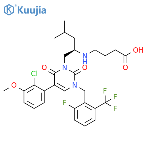 Butanoic acid,4-[[(1R)-1-[[5-(2-chloro-3-methoxyphenyl)-3-[[2-fluoro-6-(trifluoromethyl)phenyl]methyl]-3,6-dihydro-2,6-dioxo-1(2H)-pyrimidinyl]methyl]-3-methylbutyl]amino]- structure