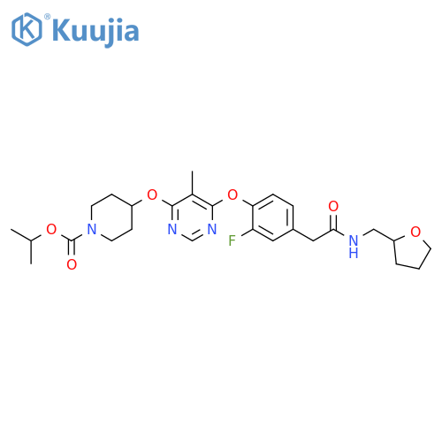 1-Piperidinecarboxylic acid,4-[[6-[2-fluoro-4-[2-oxo-2-[[(tetrahydro-2-furanyl)methyl]amino]ethyl]phenoxy]-5-methyl-4-pyrimidinyl]oxy]-, 1-methylethyl ester structure