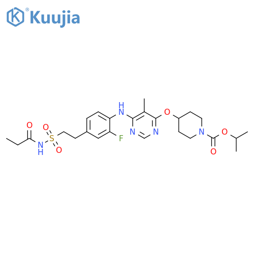 1-Piperidinecarboxylic acid,4-[[6-[[2-fluoro-4-[2-[[(1-oxopropyl)amino]sulfonyl]ethyl]phenyl]amino]-5-methyl-4-pyrimidinyl]oxy]-, 1-methylethyl ester structure