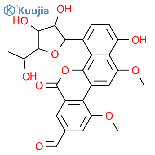 6H-Benzo[d]naphtho[1,2-b]pyran-8-carboxaldehyde, 4-(6-deoxy-α-D-galactofuranosyl)-1-hydroxy-10,12-dimethoxy-6-oxo- structure