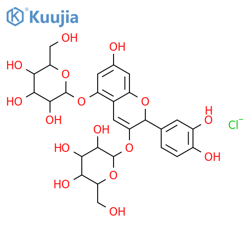 2-(3,4-dihydroxyphenyl)-3-(beta-D-galactopyranosyloxy)-7-hydroxychromenium-5-yl beta-D-galactopyranoside chloride structure