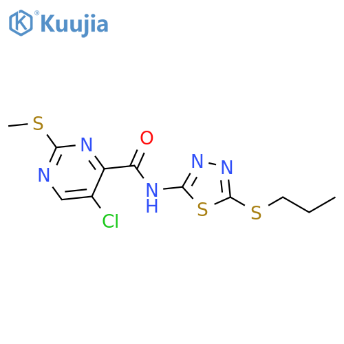 5-chloro-2-methylsulfanyl-N-(5-propylsulfanyl-1,3,4-thiadiazol-2-yl)pyrimidine-4-carboxamide structure