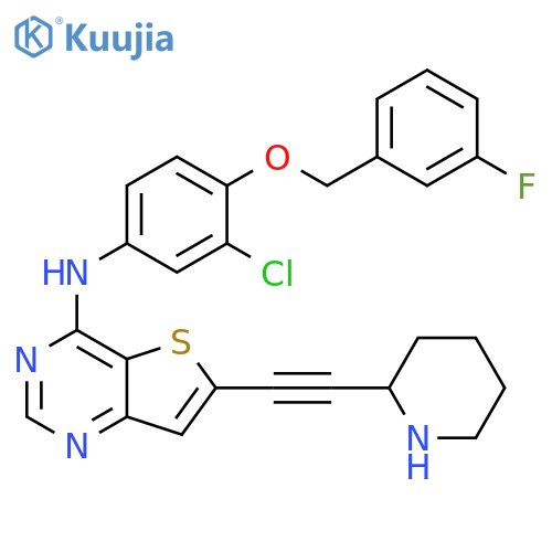 Thieno[3,2-d]pyrimidin-4-amine, N-[3-chloro-4-[(3-fluorophenyl)methoxy]phenyl]-6-[2-(2-piperidinyl)ethynyl]- structure